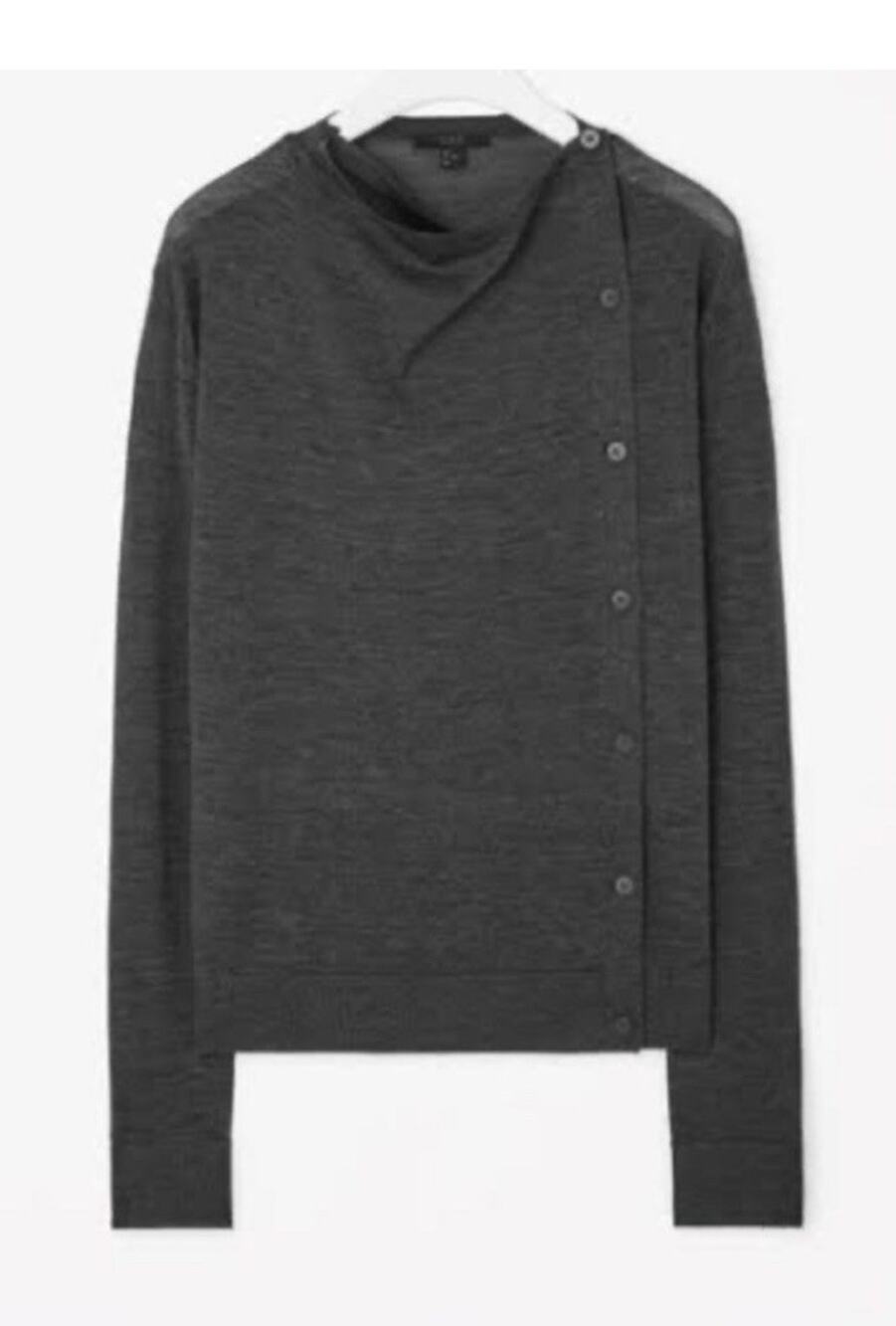 COS Merino Wool Draped Side Button Cardigan Sweater Medium Charcoal Gray Minimal